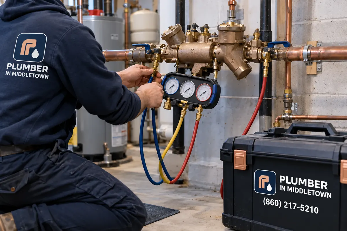 Tester attaching gauges to an RPZ device in a mechanical room