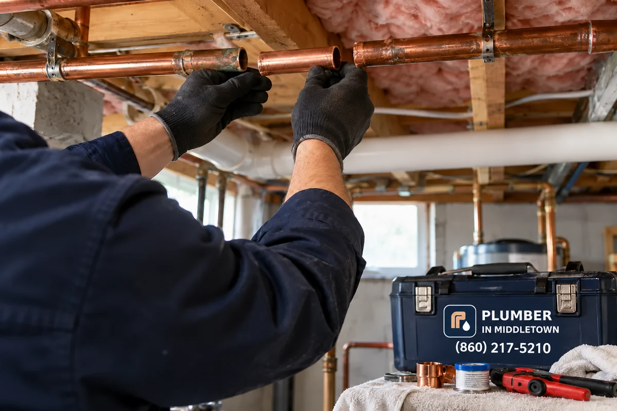Split copper section cut out of a basement ceiling line