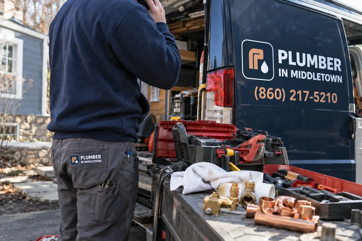 Plumber taking a service call beside a work van, viewed from behind