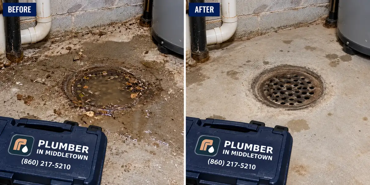 The same basement floor drain before and after cleaning