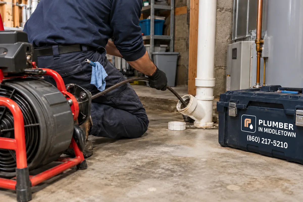 Plumber feeding a cable machine into a basement cleanout
