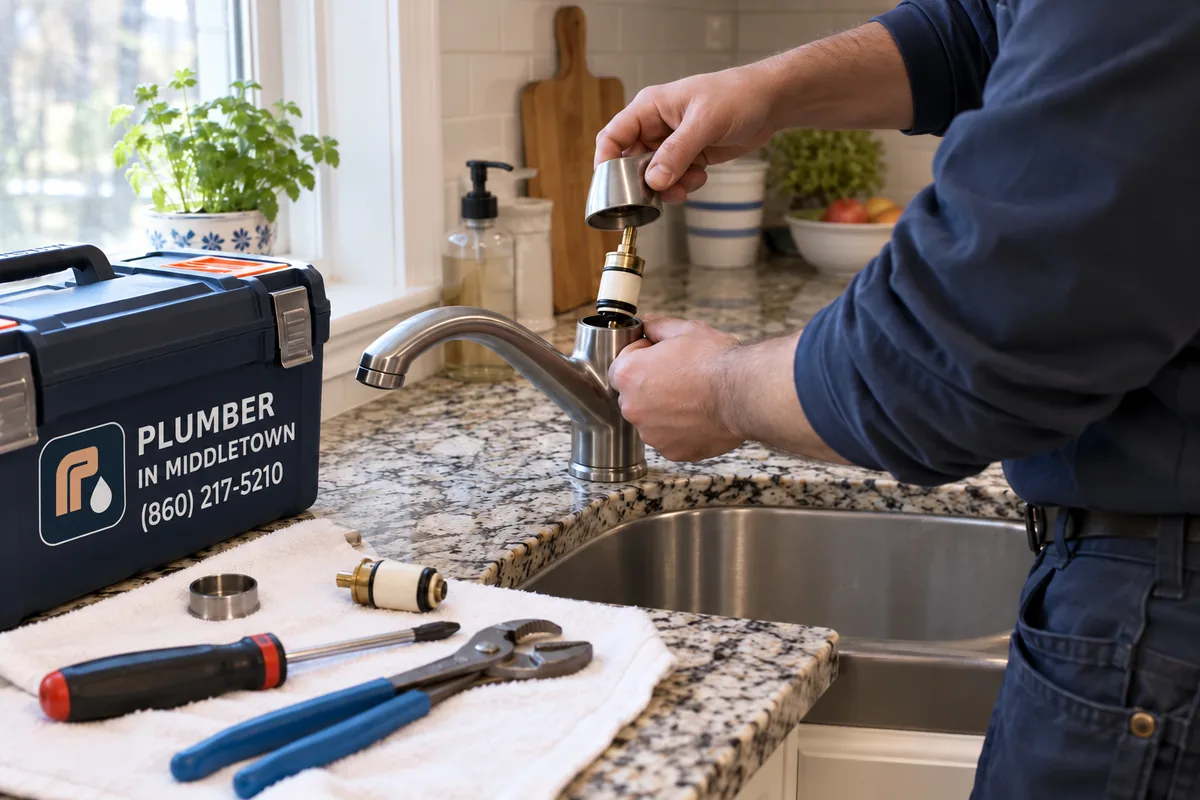 Plumber swapping a worn cartridge in a single handle kitchen faucet