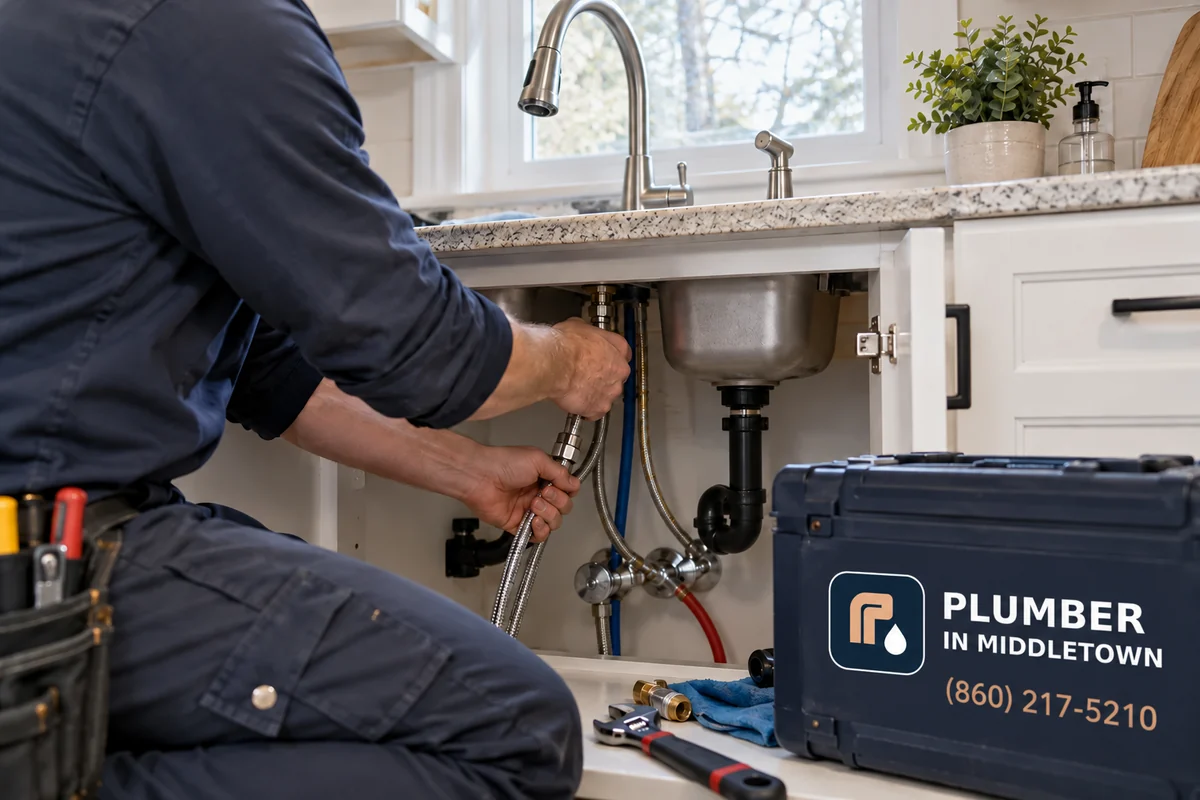 Plumber fitting a new faucet and supply lines under a kitchen sink