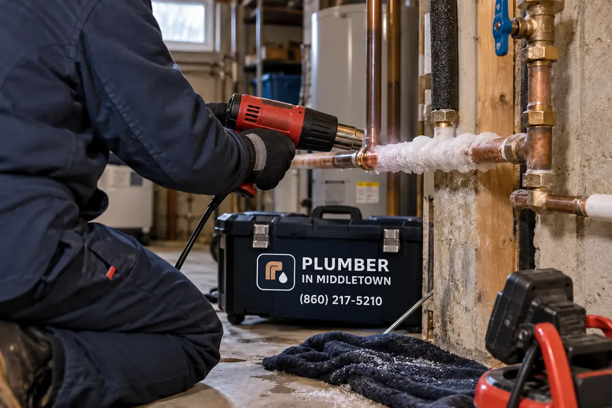 Plumber thawing a frosted copper line in a basement