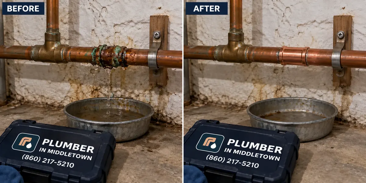 Copper pipe coupling before and after repair