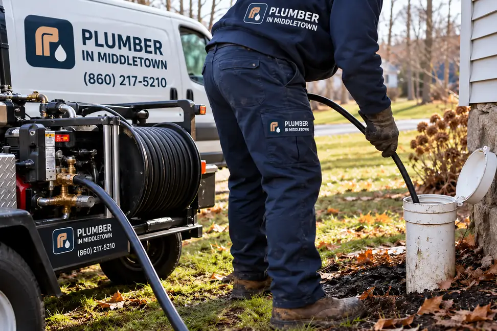 Plumber running a jetter hose into a sewer cleanout