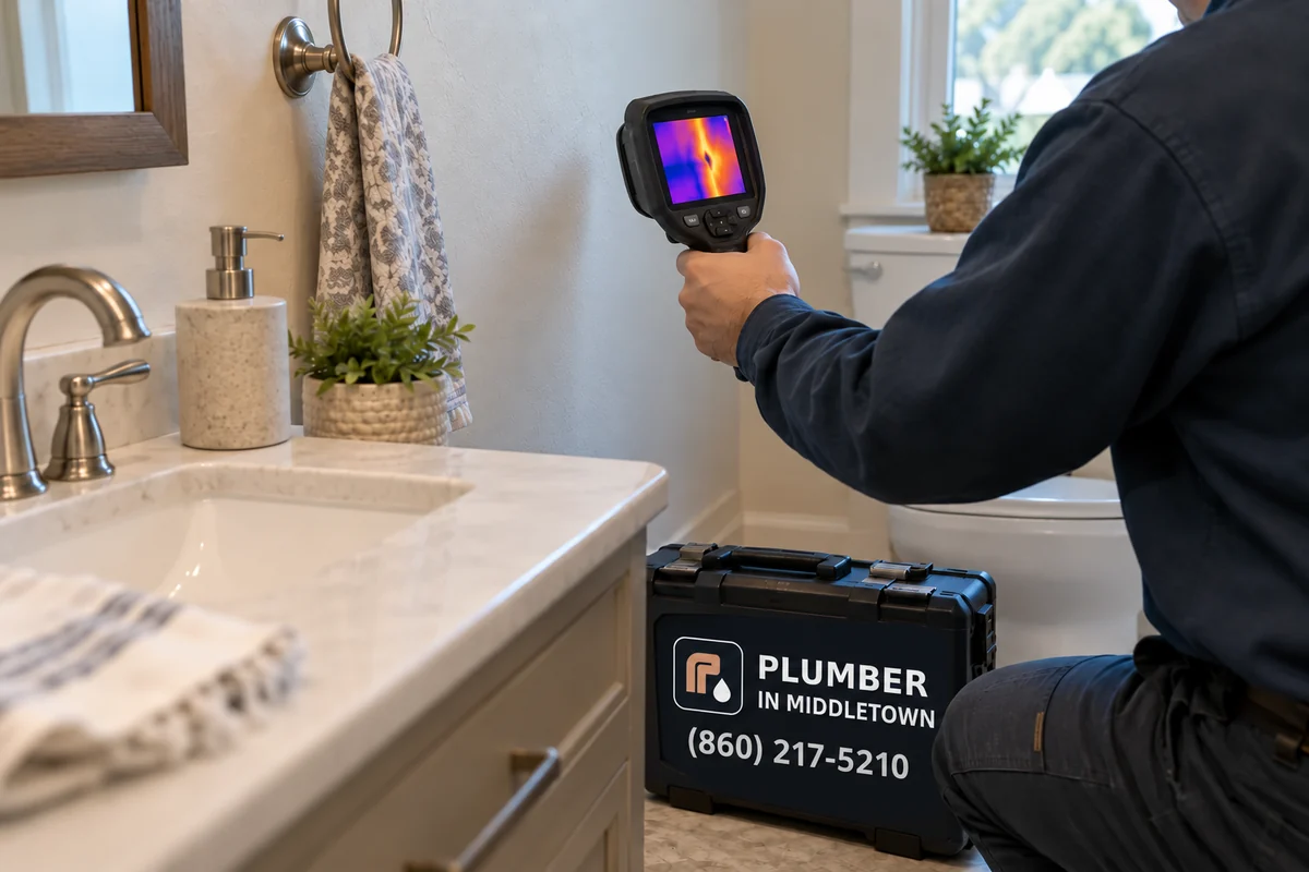 Plumber scanning a bathroom wall with a thermal camera