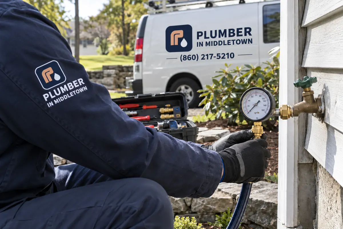 Plumber testing pressure at an outdoor hose bib with a gauge