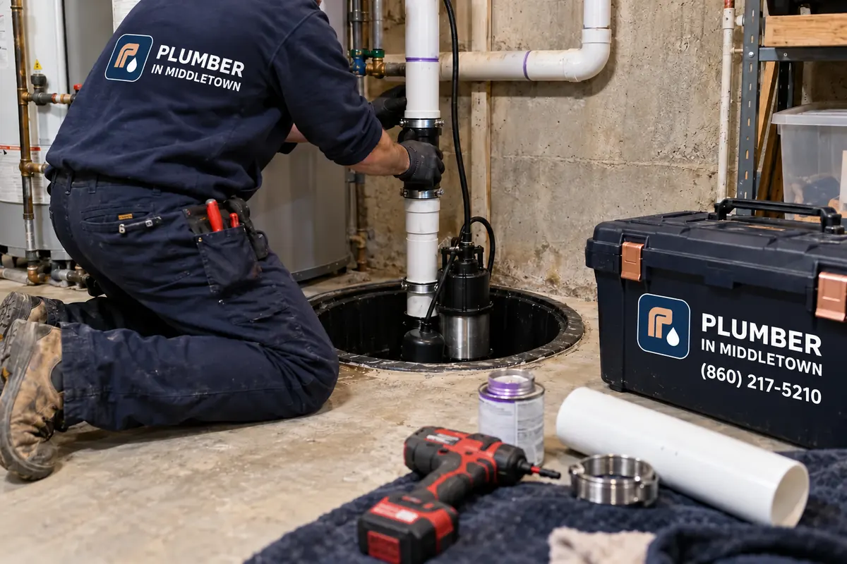 Plumber installing a sump pump