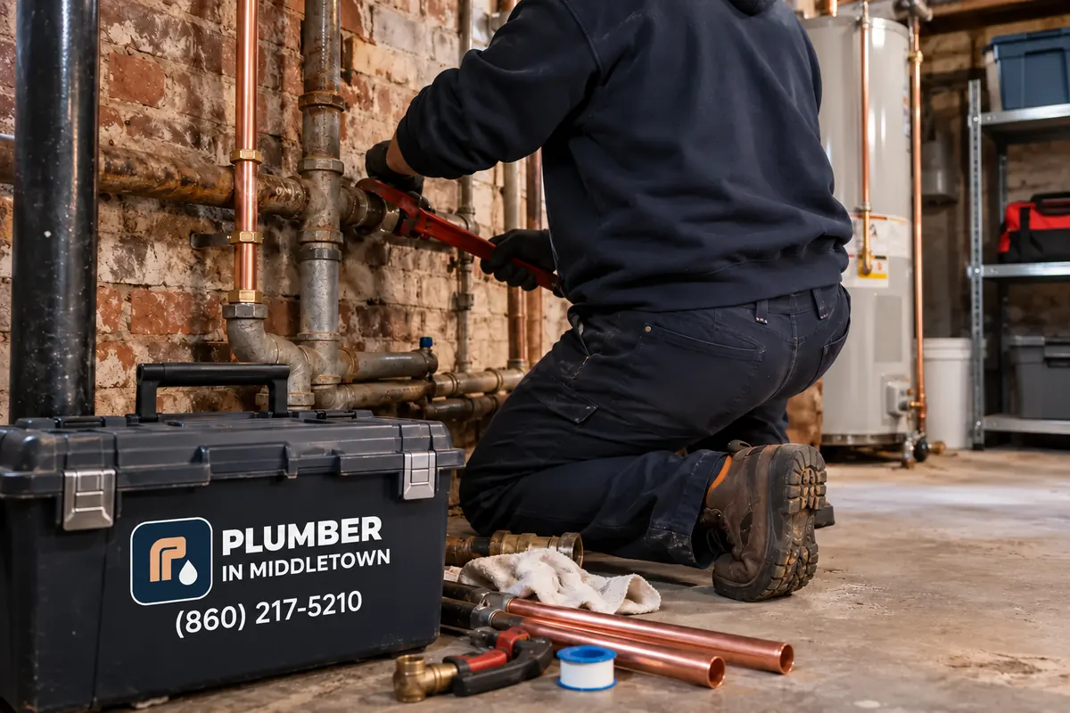Plumber replacing an old galvanized water line inside a brick row house basement