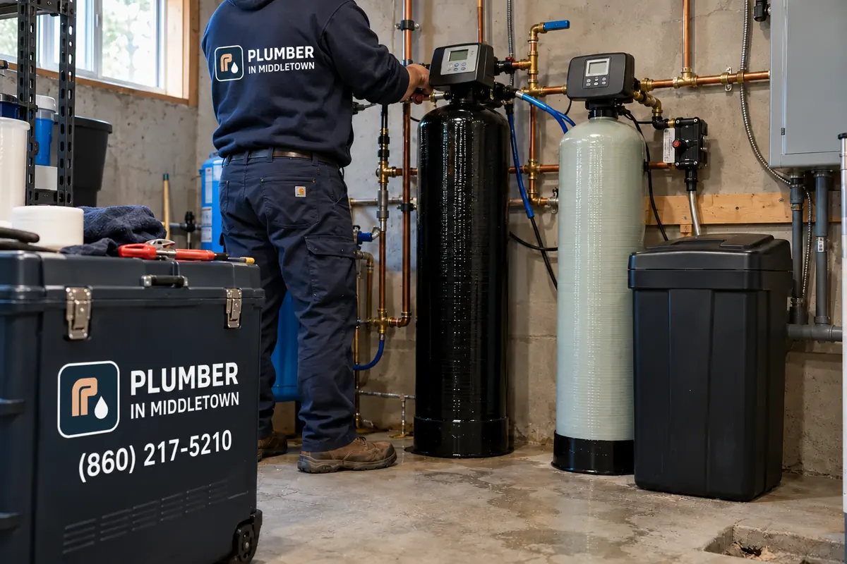 Plumber installing an iron filter and softener in a well home basement