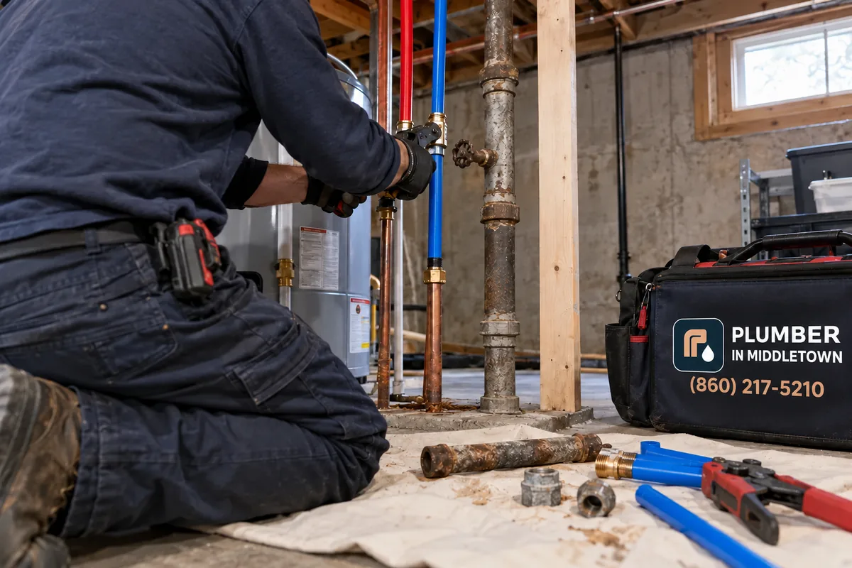 Plumber replacing a rusted galvanized supply line with PEX in a basement