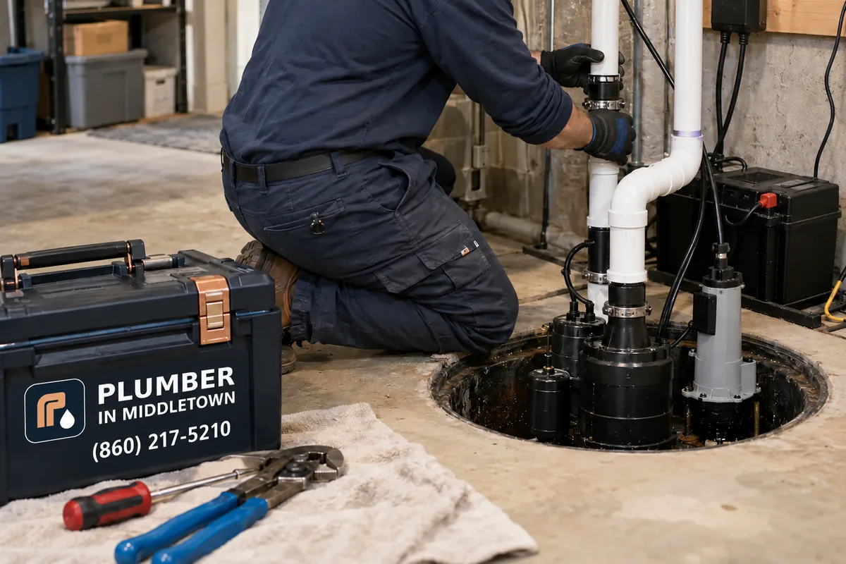 Plumber installing a battery backup sump pump beside the main pump in a basement pit