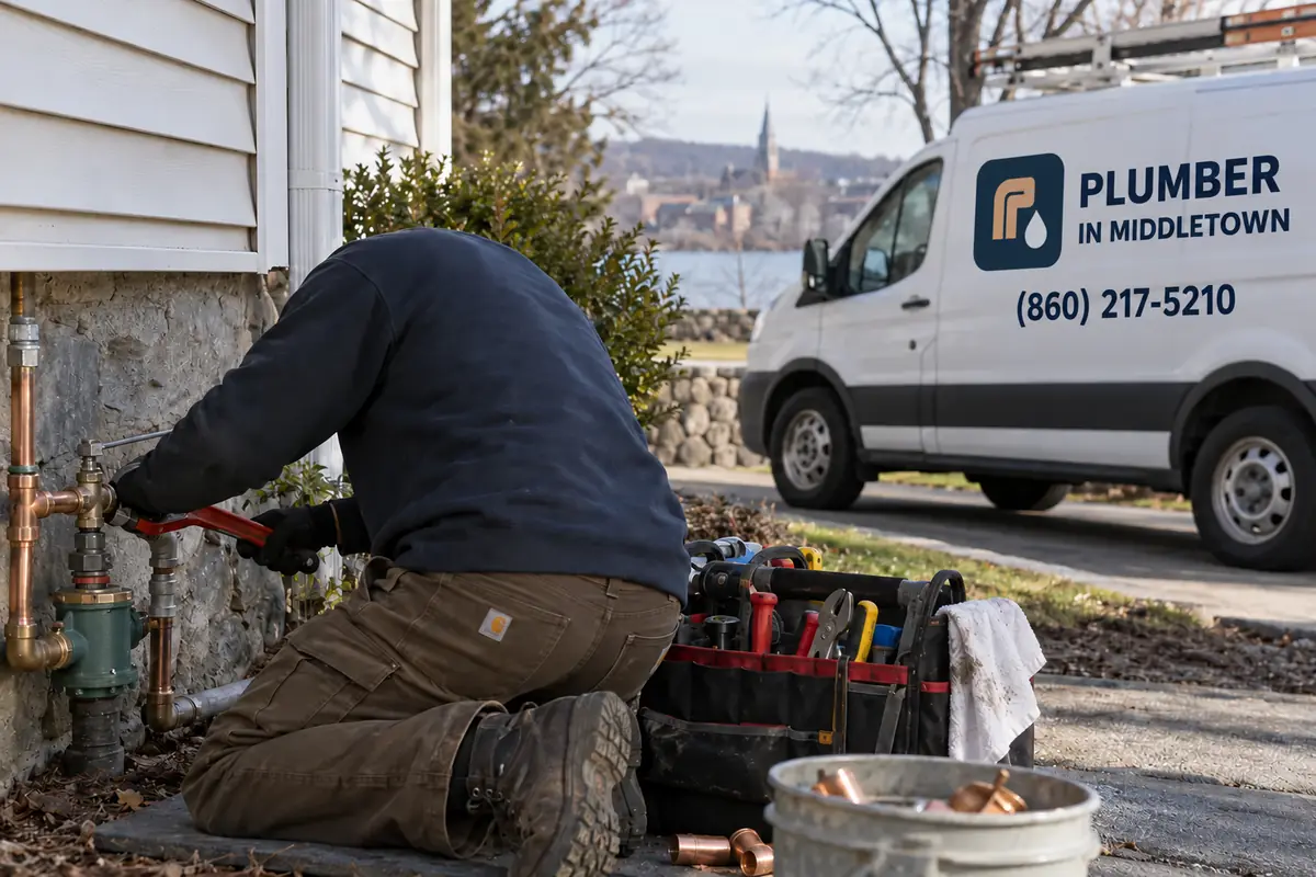 Branded plumbing service vehicle and tools outside a residential home