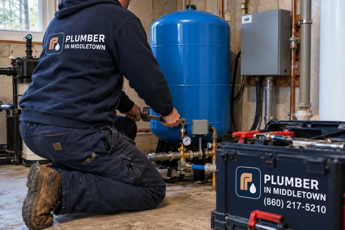 Plumber replacing a pressure tank beside a well pump control box