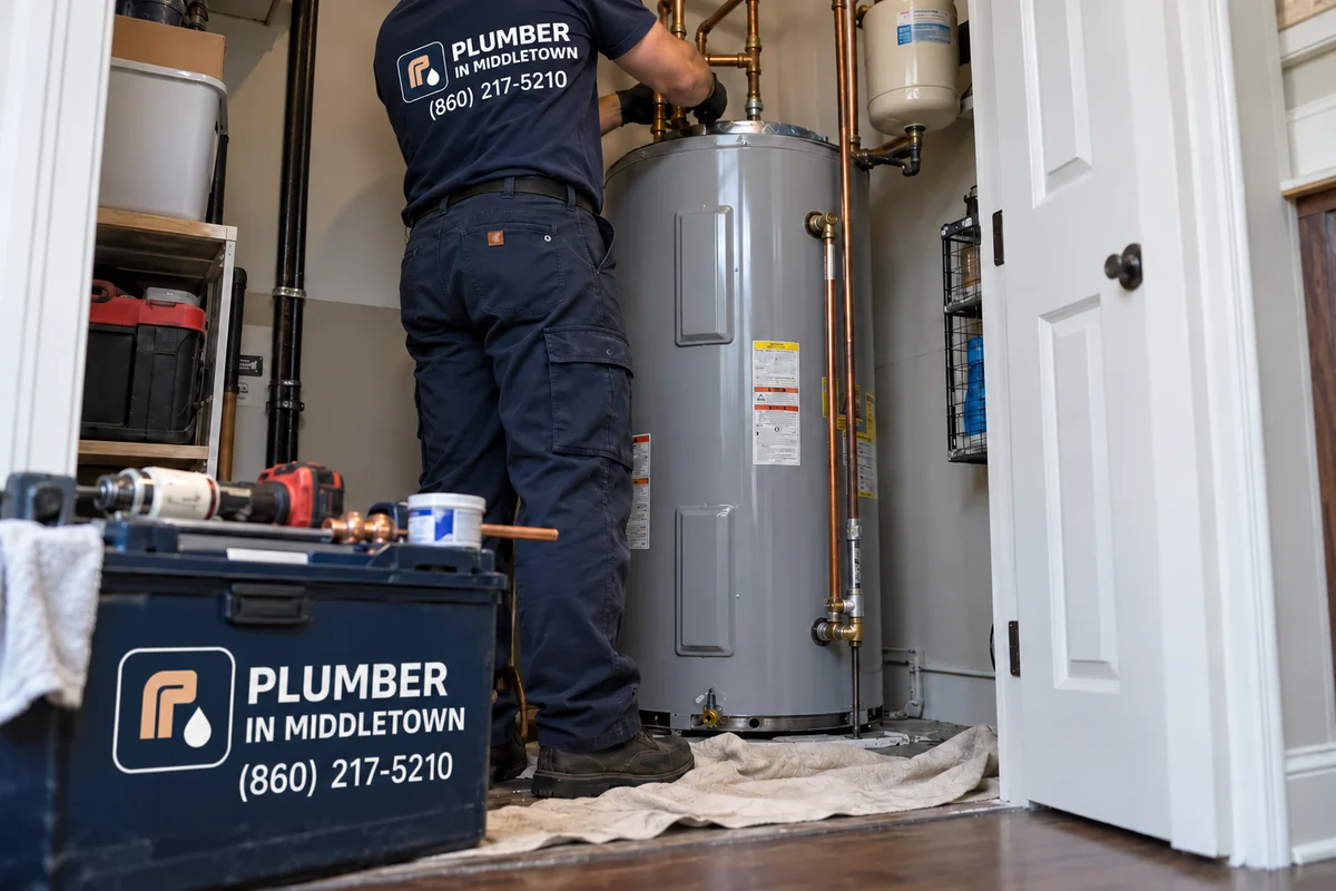 Plumber replacing a tank water heater in a townhome utility closet