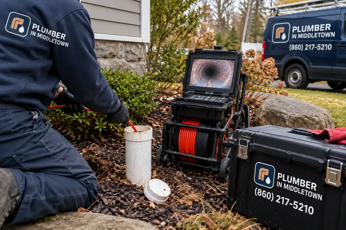 Plumber running a camera down a long sewer lateral from a cleanout