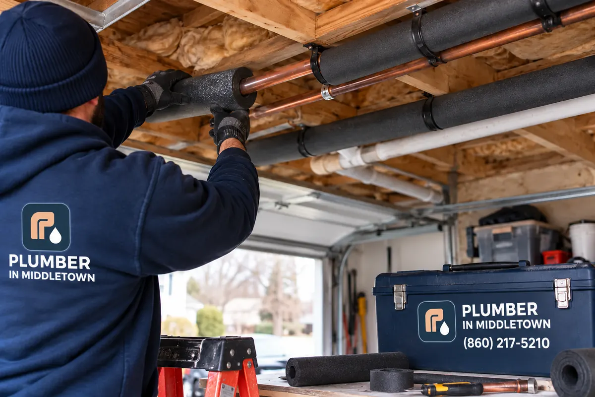 Plumber insulating pipes in the ceiling over an unheated garage