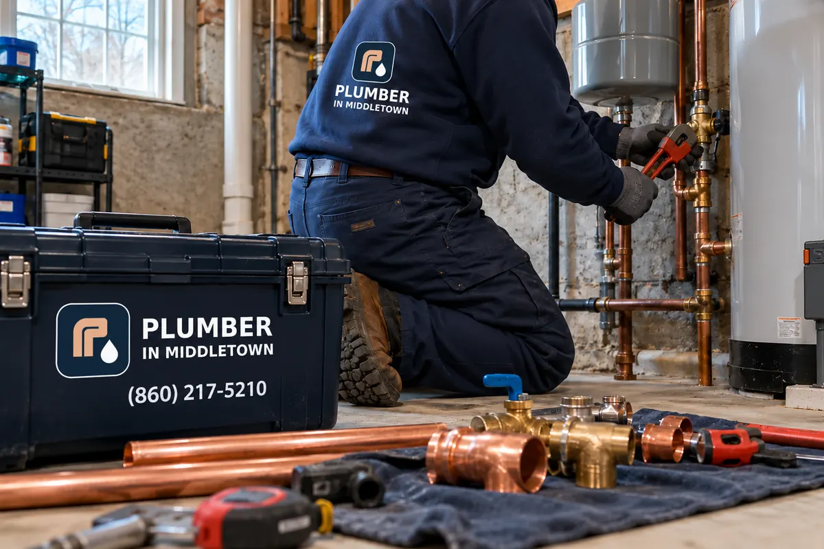 Plumbing tools, pipe fittings and repair equipment arranged for a service visit