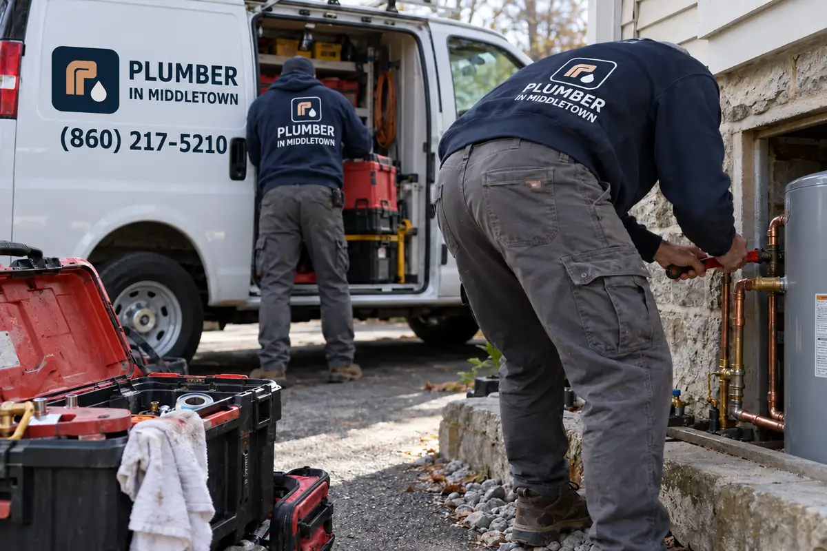 Plumbers loading tools into a branded service van, viewed from behind