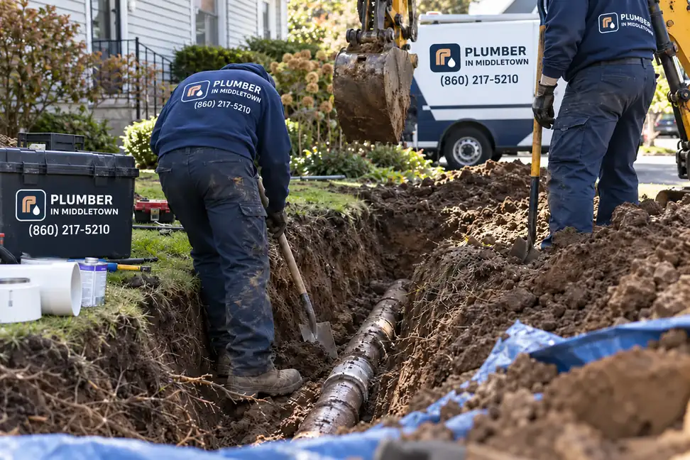 Crew exposing a lateral in a front yard trench