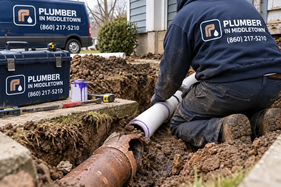 Open trench with a new PVC section replacing a cracked clay pipe