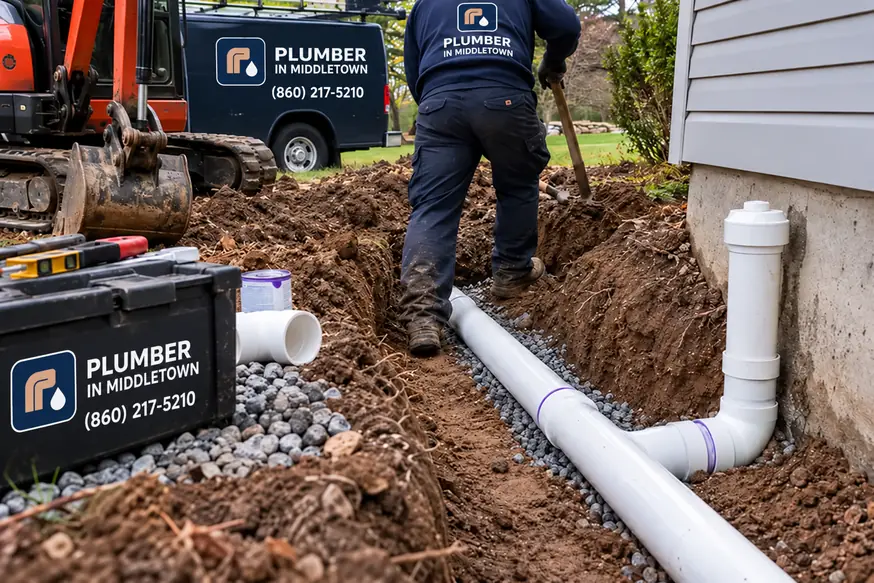 New PVC lateral laid in a trench with a fresh cleanout at the house