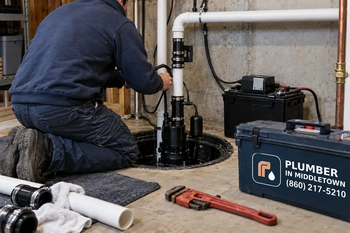 New submersible pump in a basement pit with a battery backup beside it