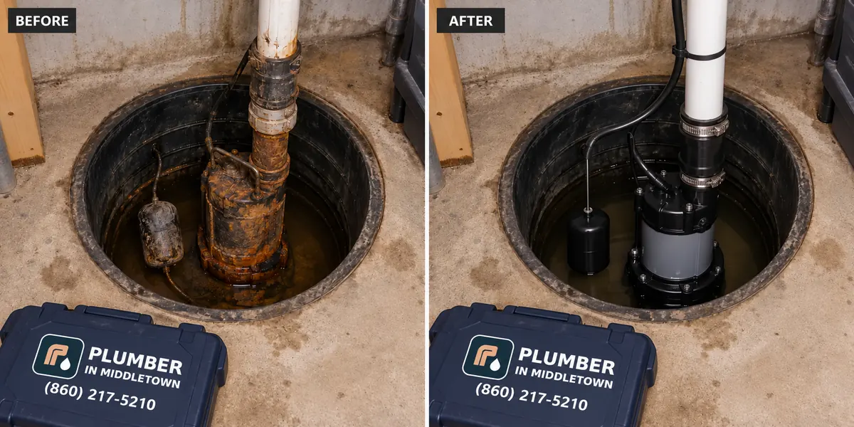 An old and replacement sump pump in the same basement basin