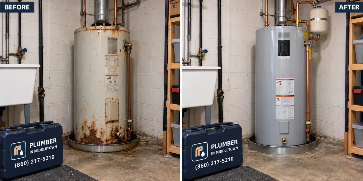 An old and replacement water heater in the same utility room