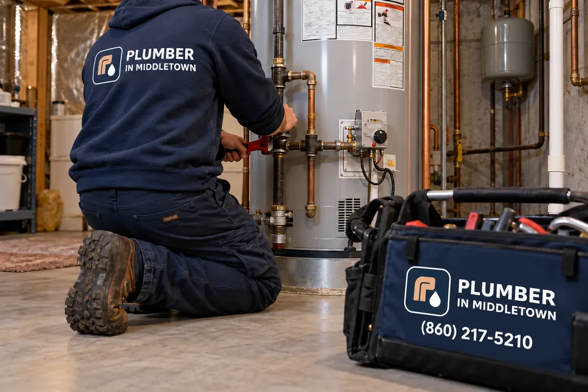 Plumber working on a gas tank in a basement utility room