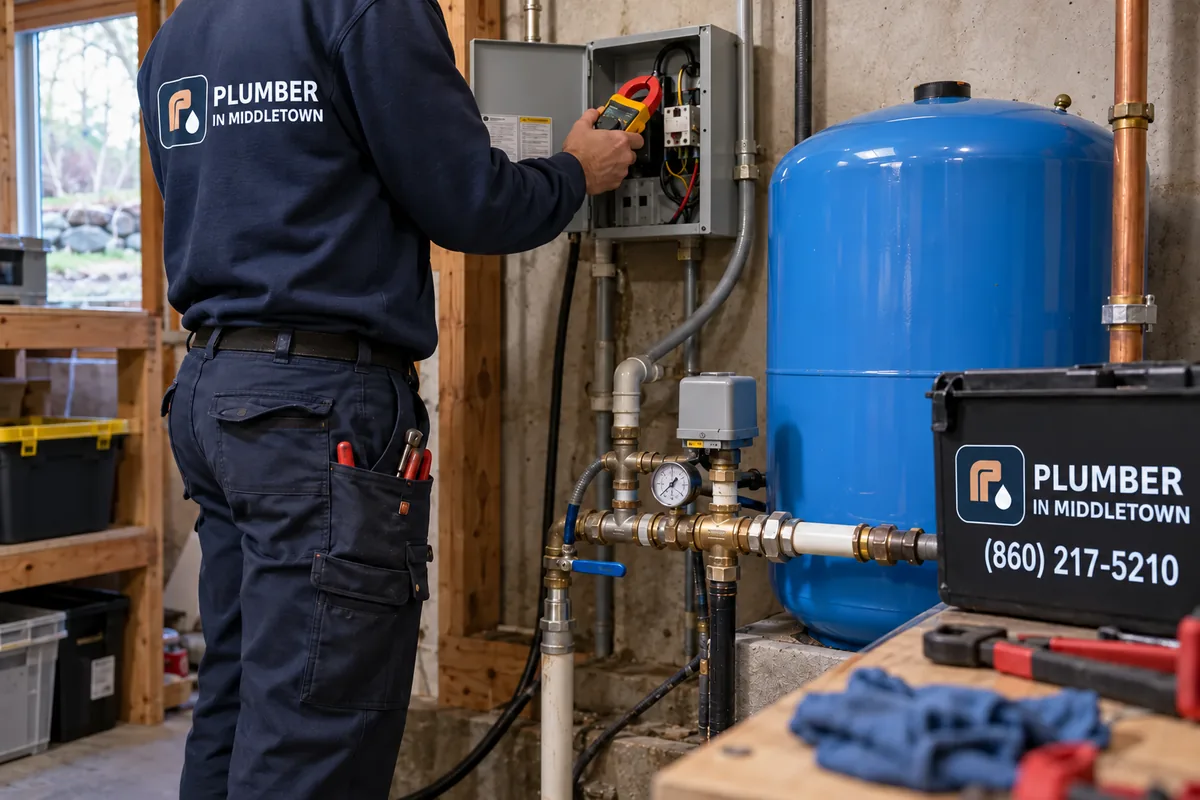 Plumber reading amps at a control box beside a pressure tank